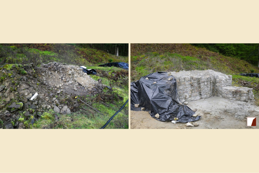 Teile der Schildmauer im Bereich des Turmes vor und nach der Wiederaufmauerung