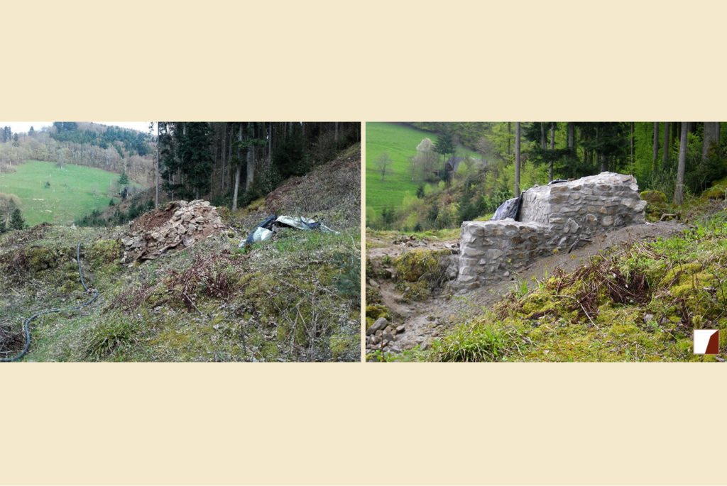 Teile der Schildmauer im Bereich des Turmes vor und nach der Wiederaufmauerung