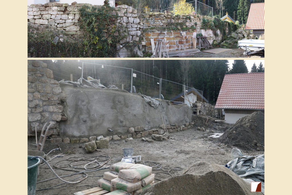 Mauer am Friedhof vor und während der Arbeiten
