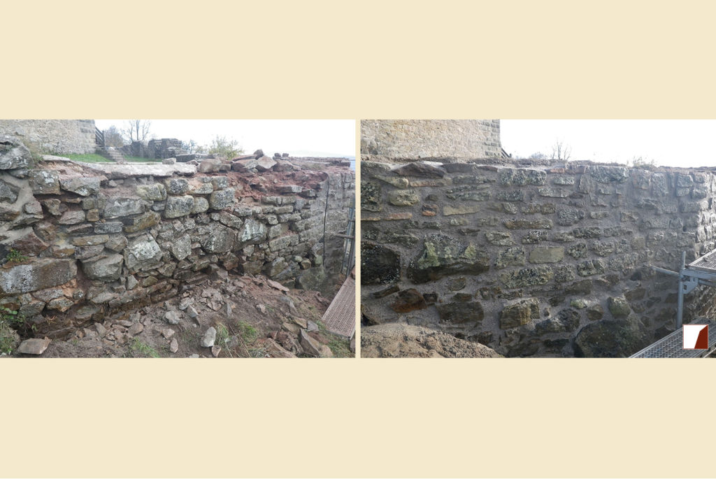 nördliche Wehrmauern am Bergfried vorher und nachher